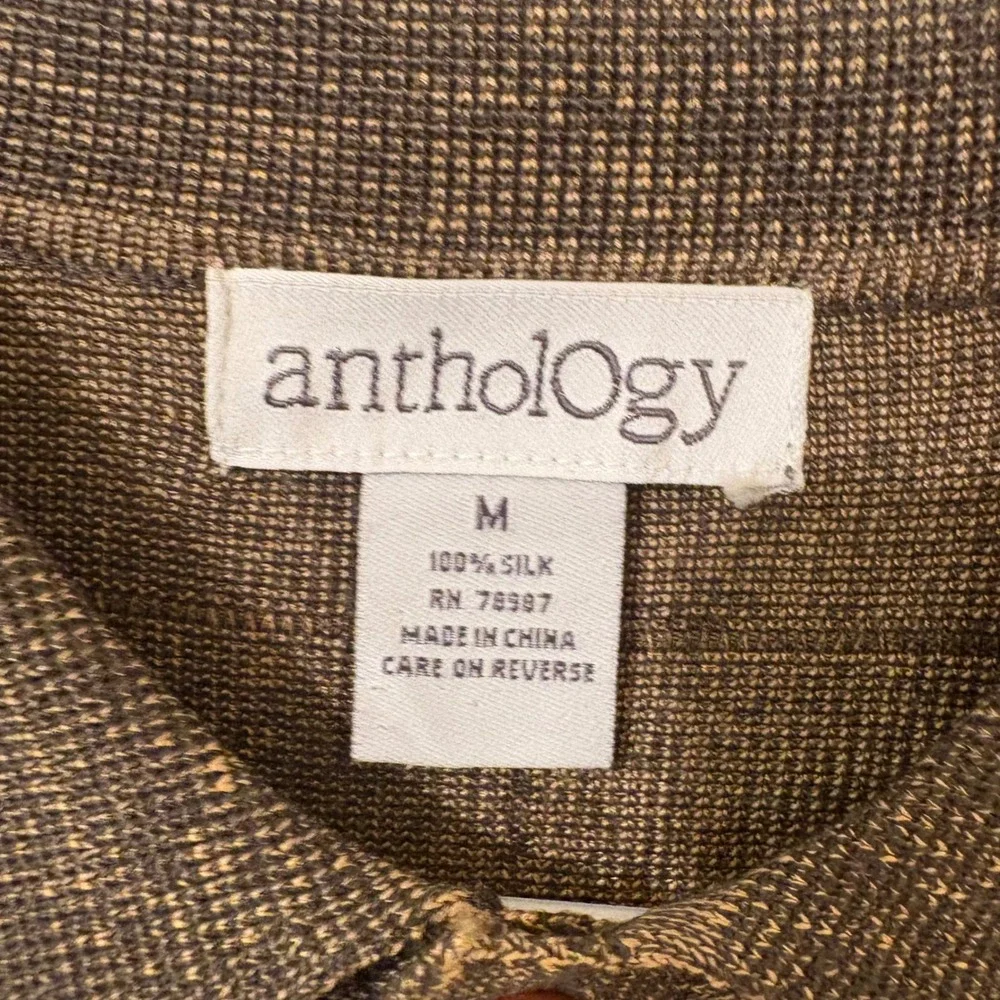 Anthology Mens Brown 100% Silk Grid Button Down Sweater Knit Polo Size Medium